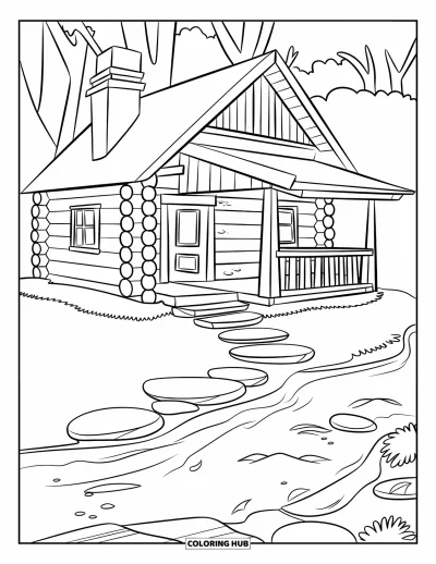 Desenho de cabana de madeira para colorir para crianças: Cabana com chaminé perto de um riacho limpo e pedras sob árvores ao redor