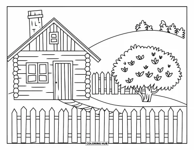 Desenho de cabana de madeira para colorir para crianças: Cabana com cerca, arbusto e colina suave em um campo gramado
