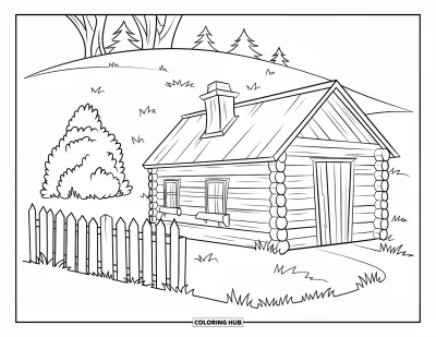 Desenho de cabana de madeira para colorir para crianças: Cabana com cerca de piquete, arbusto e colina gramada com árvores ao fundo