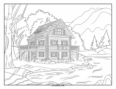 Desenho de cabana de madeira para colorir para crianças: Cabana com varanda, pedras e ondas suaves à beira do lago