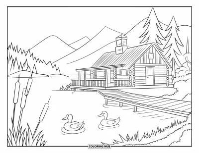 Desenho de cabana de madeira para colorir para crianças: Cabana com chaminé e trapiche à beira de um lago com patos nadando pela margem