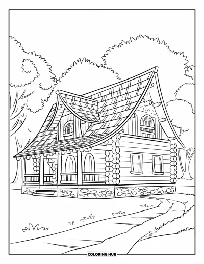 Desenho de cabana de madeira para colorir para crianças: Cabana com telhas detalhadas e base de pedra perto de uma trilha sinuosa na floresta