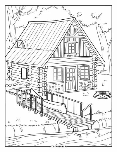 Desenho de cabana de madeira para colorir para crianças: Cabana com trapiche e fogueira à beira de um rio com margens cobertas de árvores