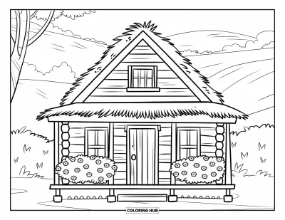 Desenho de cabana de madeira para colorir para crianças: Cabana com varanda e arbustos floridos em um campo com colinas e árvores
