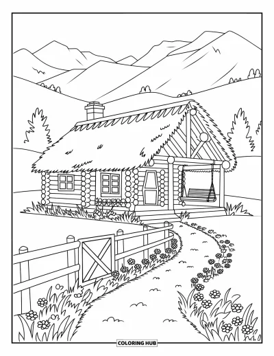 Desenho de cabana de madeira para colorir para crianças: Cabana com balanço na varanda, caminho no jardim e montanhas ao fundo em um campo tranquilo