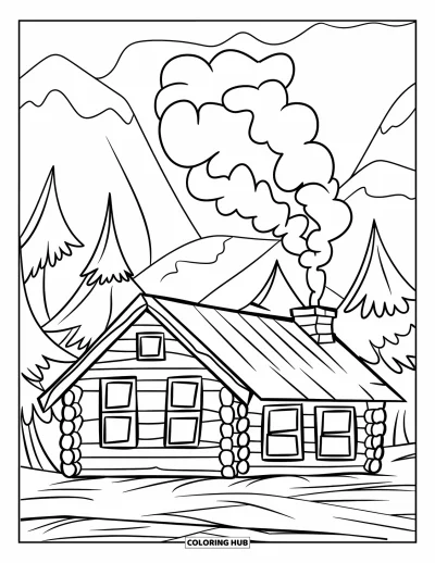 Desenho de cabana de madeira para colorir para crianças: Cabana com fumaça e árvores sob um céu limpo