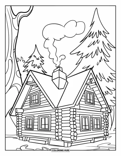 Desenho de cabana de madeira para colorir para crianças: Cabana com fumaça saindo da chaminé e árvores ao redor