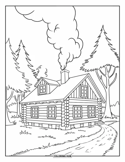Desenho de cabana de madeira para colorir para crianças: Cabana com fumaça, árvores e um caminho de terra levando até a porta