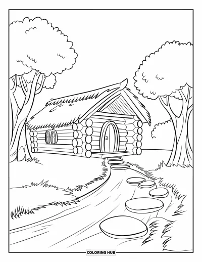 Desenho de cabana de madeira para colorir para crianças: Cabana com pedras para atravessar um riacho e árvores de folhas grandes e redondas