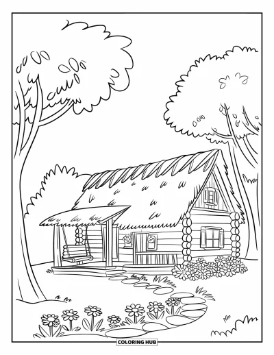 Desenho de cabana de madeira para colorir para crianças: Cabana com balanço e flores sob nuvens fofas em um prado gramado