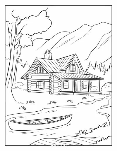 Desenho de cabana de madeira para colorir para crianças: Canoa flutuando perto de uma cabana tranquila à beira de um rio calmo entre árvores