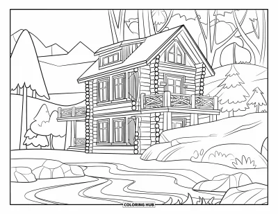 Desenho de cabana de madeira para colorir para crianças: Cabana charmosa com varanda ao lado de um lago, emoldurada por árvores e colinas ao longe