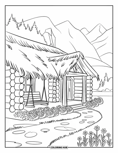 Desenho de cabana de madeira para colorir para crianças: Cabana confortável com balanço na varanda e flores ao longo do caminho pelo prado