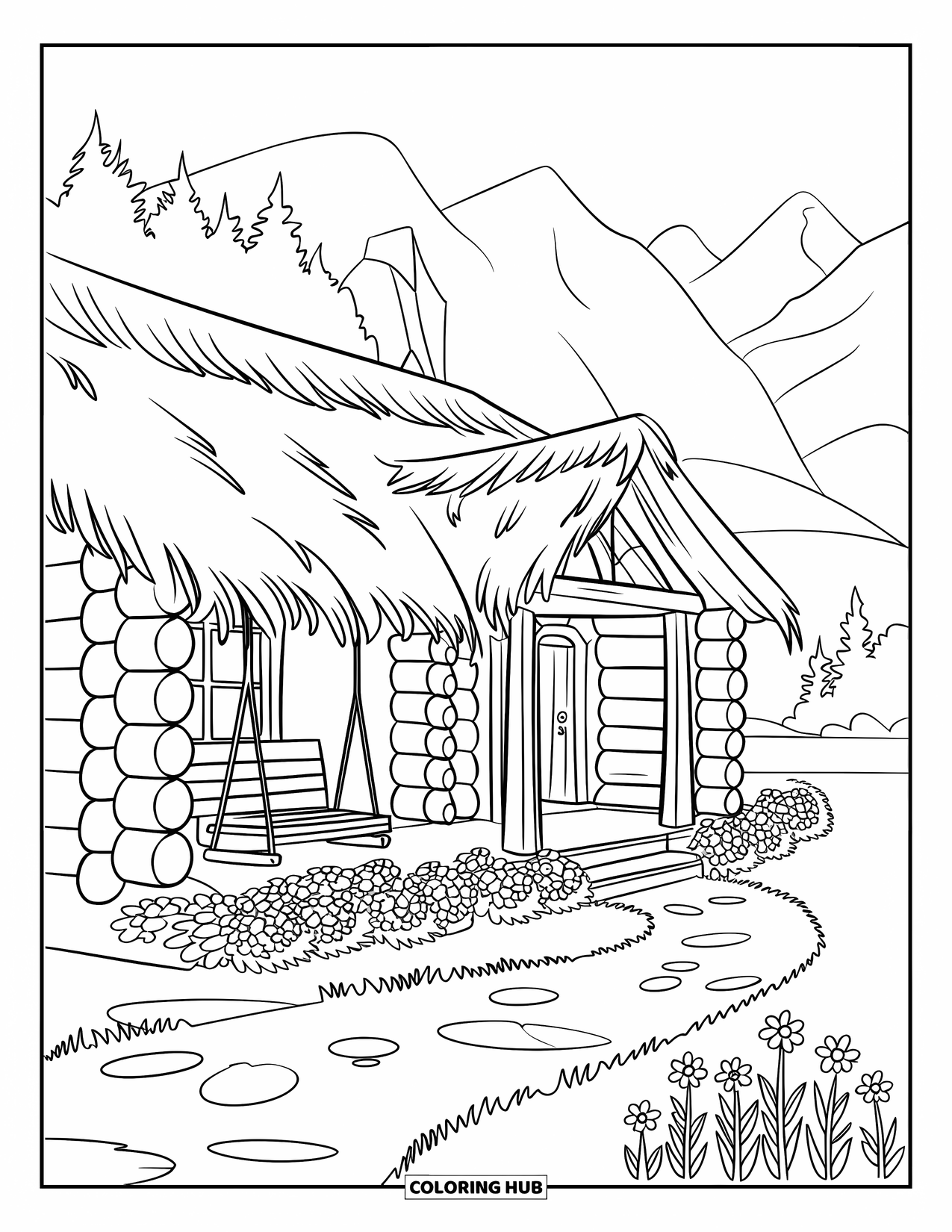 Log Cabin Coloring Page for Kids: Cozy cabin with a porch swing and flowers lining the path through the meadow