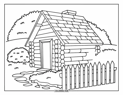 Desenho de cabana de madeira para colorir para crianças: Cabana quentinha com cerca e colina ao fundo, perfeita para um dia tranquilo