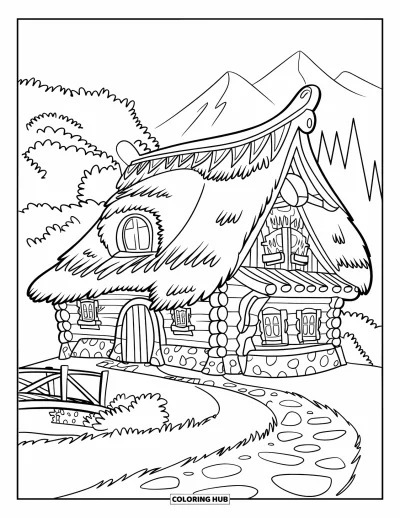 Desenho de cabana de madeira para colorir para crianças: Cabana com caminho, ponte e montanhas atrás da sua estrutura de pedra e madeira