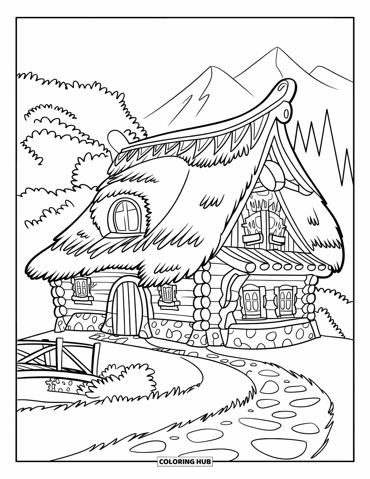 Log Cabin Coloring Page for Kids: Cozy cabin with path, bridge, and mountains behind its stone and wood frame