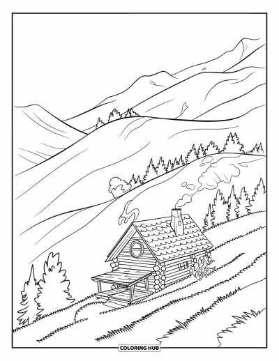 Desenho de cabana de madeira para colorir para crianças: Cabana de troncos aconchegante em uma encosta cercada de árvores com montanhas ao fundo