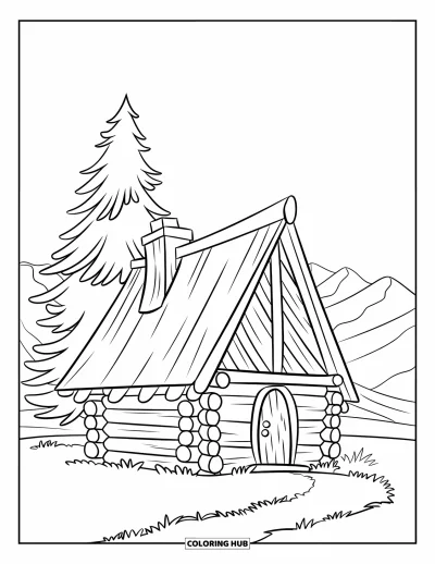 Desenho de cabana de madeira para colorir para crianças: Cabana fofa com telhado triangular e um pinheiro ao lado