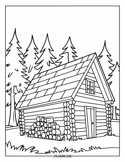 Desenho de cabana de madeira para colorir para crianças: Cabana na floresta com pinheiros e uma pilha de lenha arrumada ao lado