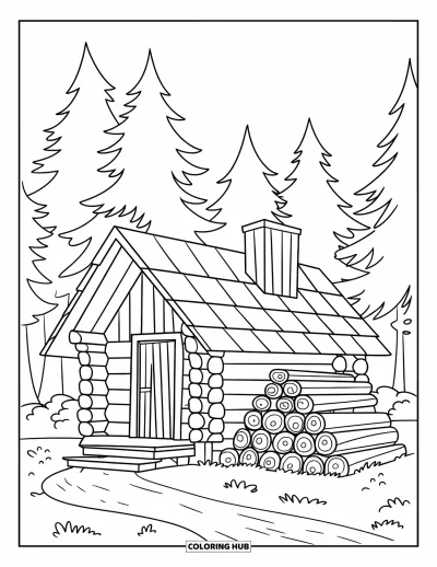 Desenho de cabana de madeira para colorir para crianças: Cabana na floresta com chaminé, caminho de terra e uma pilha de lenha