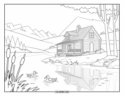 Desenho de cabana de madeira para colorir para crianças: Cabana à beira do lago com patos e varanda refletidos na água tranquila