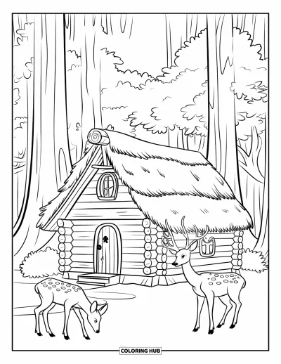 Desenho de cabana de madeira para colorir para crianças: Cabana de troncos cercada de árvores altas enquanto veados pastam na floresta