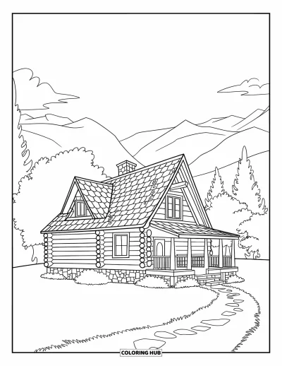 Desenho de cabana de madeira para colorir para crianças: Cabana de troncos com chaminé e base de pedra ao longo de um caminho curvo com vista para a floresta