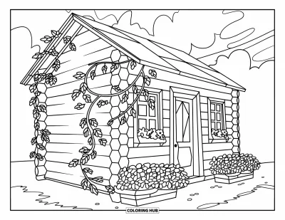 Desenho de cabana de madeira para colorir para crianças: Cabana de troncos com trepadeiras e um pequeno jardim florido ao lado