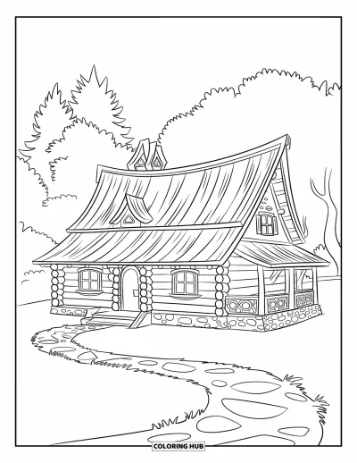 Desenho de cabana de madeira para colorir para crianças: Cabana de troncos com telhado de telhas e caminho sinuoso em uma clareira na floresta