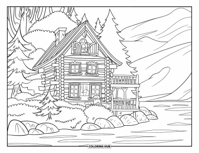 Desenho de cabana de madeira para colorir para crianças: Cabana de troncos com muitas janelas e varanda entre árvores, pedras e lago calmo