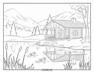 Desenho de cabana de madeira para colorir para crianças: Cabana serena e lago calmo com patos e taboa em cenário de montanha