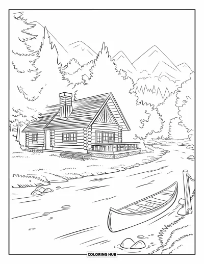 Desenho de cabana de madeira para colorir para crianças: Cabana tranquila à beira do rio com canoa, deck e vista para as montanhas
