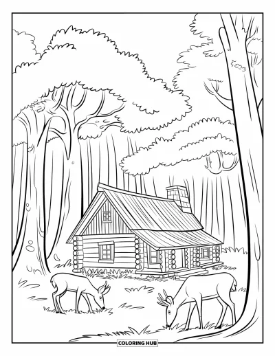 Desenho de cabana de madeira para colorir para crianças: Cabana tranquila na floresta com veados pastando e uma chaminé sob um céu amplo