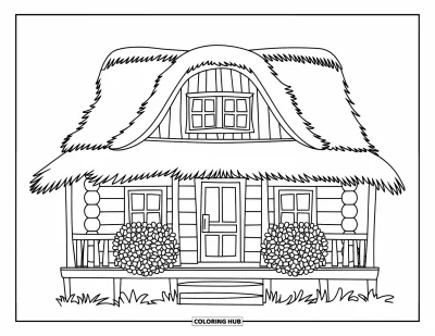 Desenho de cabana de madeira para colorir para crianças: Cabana com varanda, arbustos grandes e formas simples para colorir