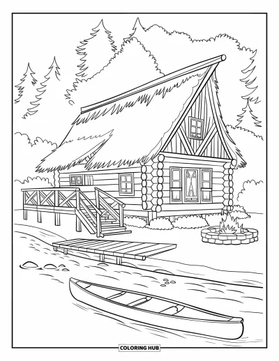 Desenho de cabana de madeira para colorir para crianças: Cabana de troncos à beira do rio com trapiche, canoa e árvores frondosas sob céu calmo