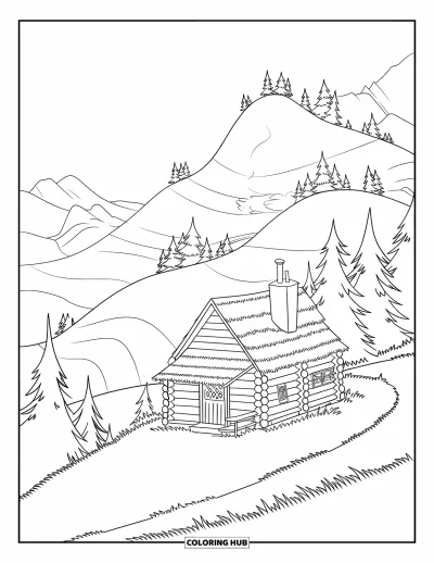 Desenho de cabana de madeira para colorir para crianças: Cabana rústica entre pinheiros em uma encosta com picos arredondados ao longe