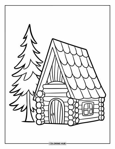 Desenho de cabana de madeira para colorir para crianças: Cabana simples e pinheiro desenhados com traços alegres e marcantes
