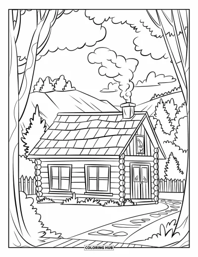 Desenho de cabana de madeira para colorir para crianças: Cabana simples com janelas quadradas, cerca e vista para as montanhas