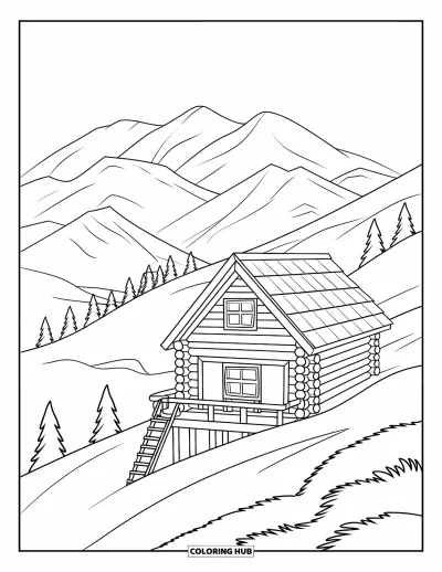 Desenho de cabana de madeira para colorir para crianças: Cabana inclinada com uma escada apoiada e montanhas ao fundo sob céu aberto