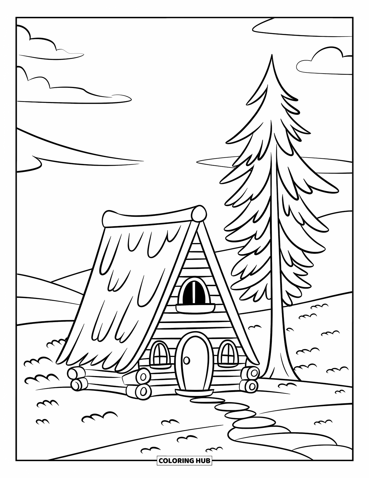 Log Cabin Coloring Page for Kids: Snowy cabin with triangle roof and tall pine tree nearby