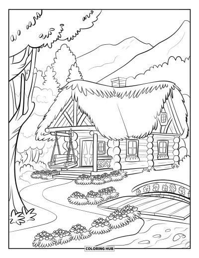 Desenho de cabana de madeira para colorir para crianças: Cabana com telhado de palha, flores no caminho e uma ponte sobre o rio próximo