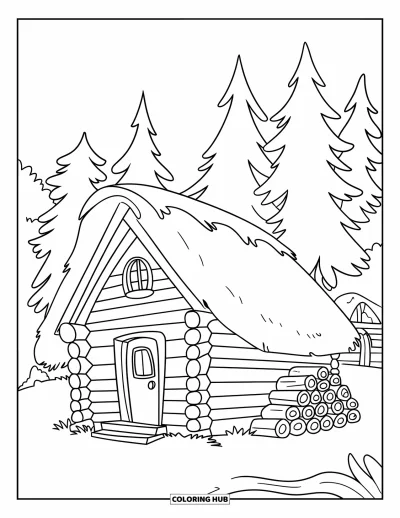 Desenho de cabana de madeira para colorir para crianças: Cabana na floresta com telhado de palha, chaminé e toras empilhadas por perto
