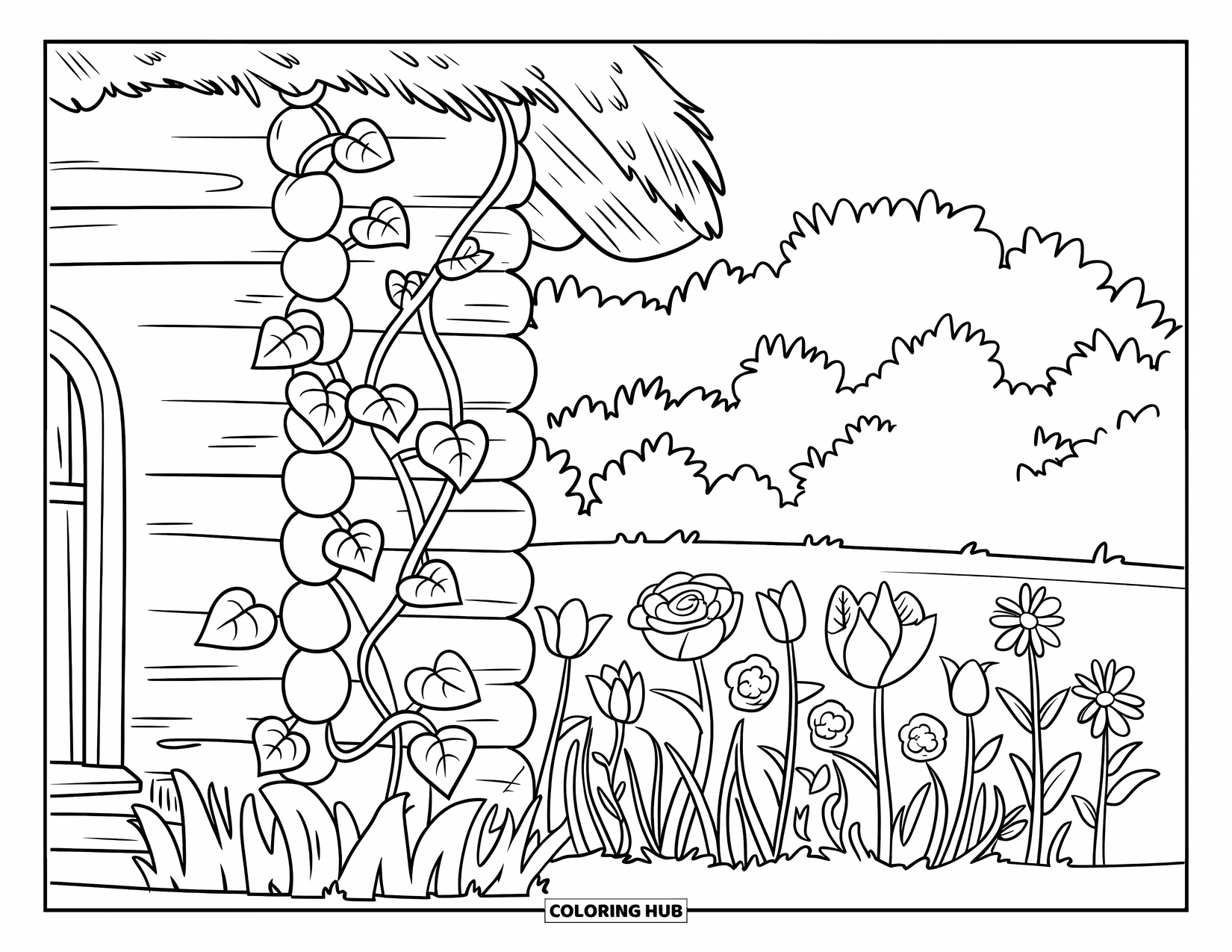 Log Cabin Coloring Page for Kids: Thatched-roof cabin with a vine wall and a garden of tulips and roses