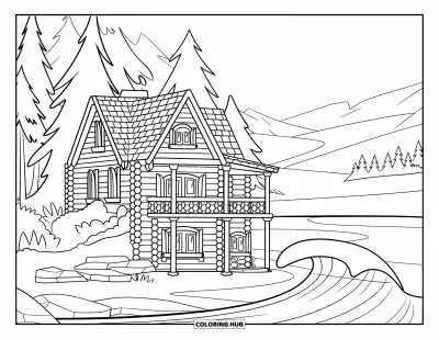 Desenho de cabana de madeira para colorir para crianças: Cabana de madeira com janelas grandes e varanda cercada de árvores, pedras e montanhas