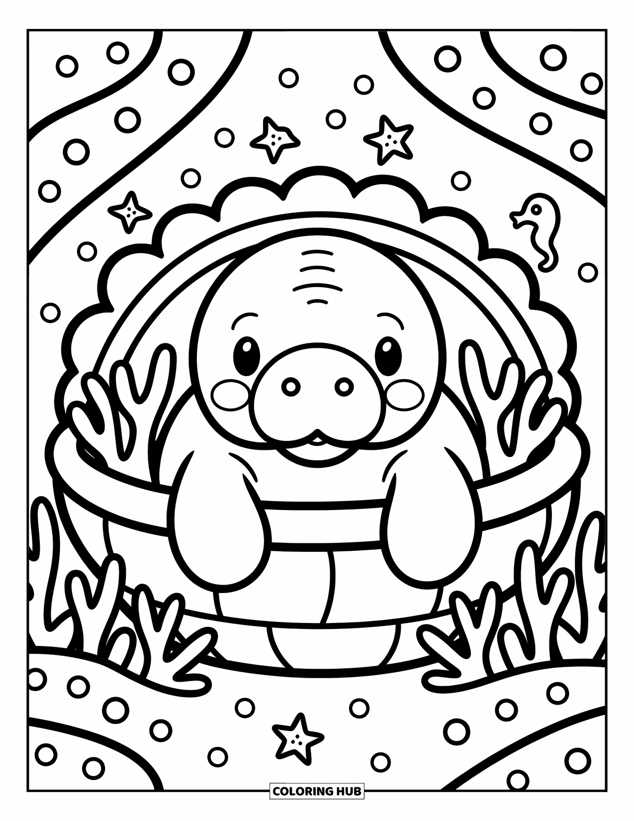 Manatee Coloring Page for Adults: Bashful manatee peeks from a shell cave with coral and tiny sea friends