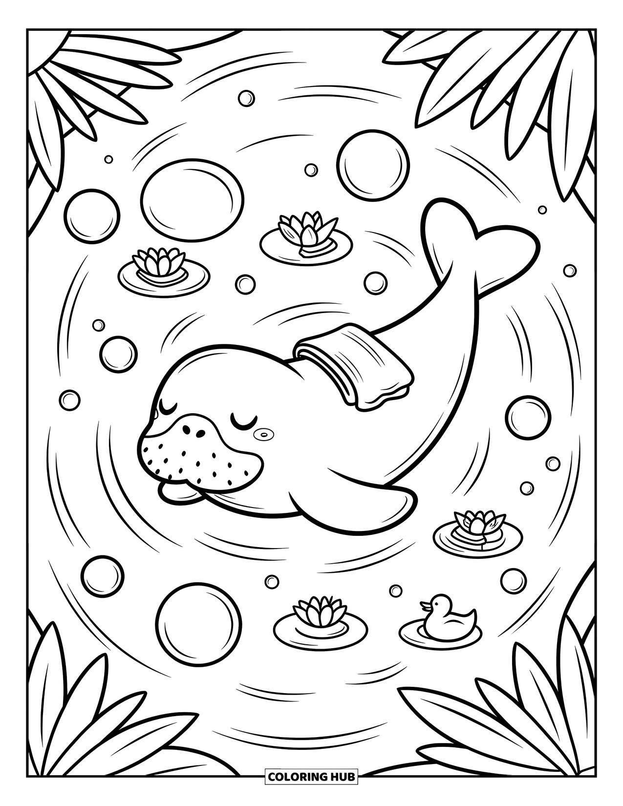 Manatee Coloring Page for Adults: Floating manatee rests with rubber duckies, soap, and water lilies