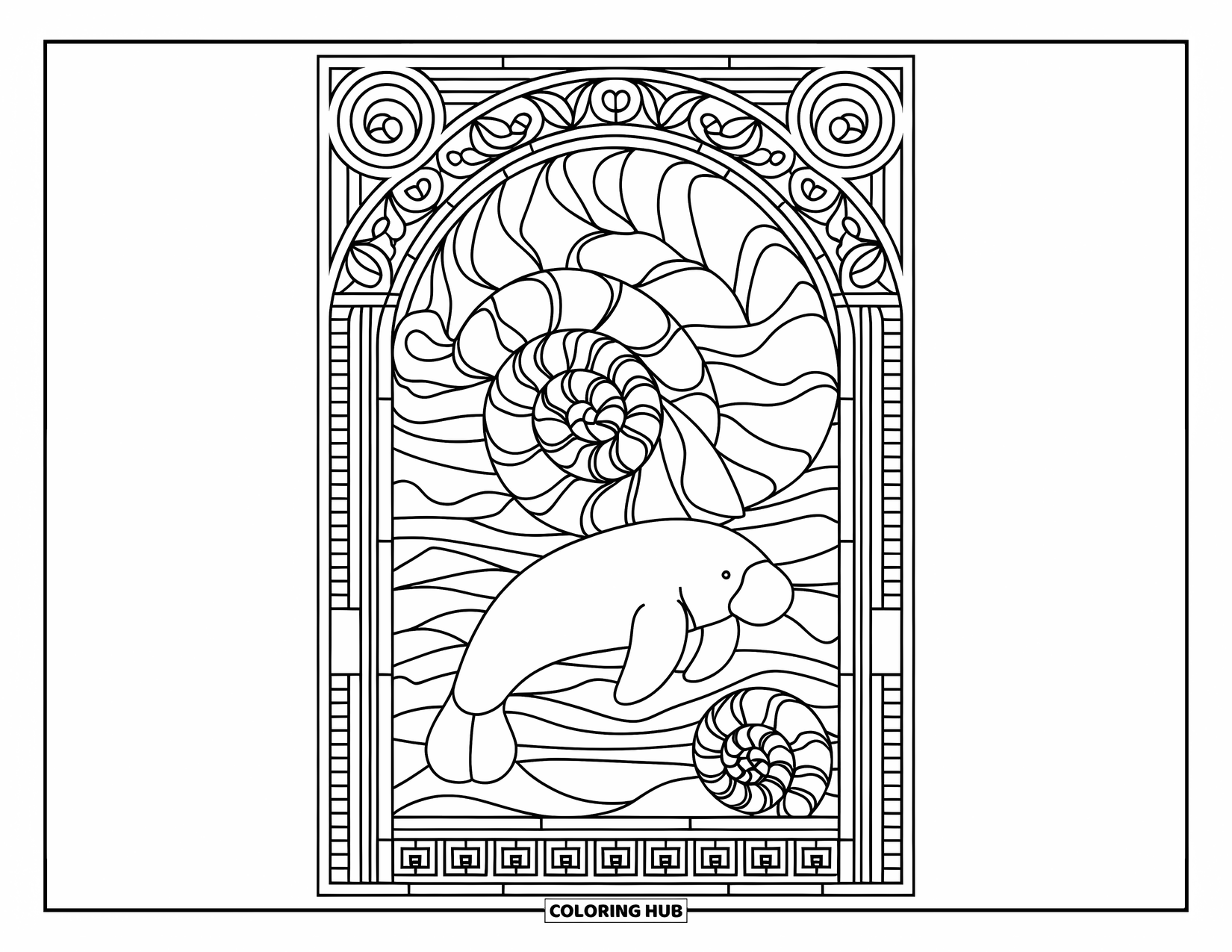 Manatee Coloring Page for Adults: Intricate stained glass design with a manatee and spiral seashells