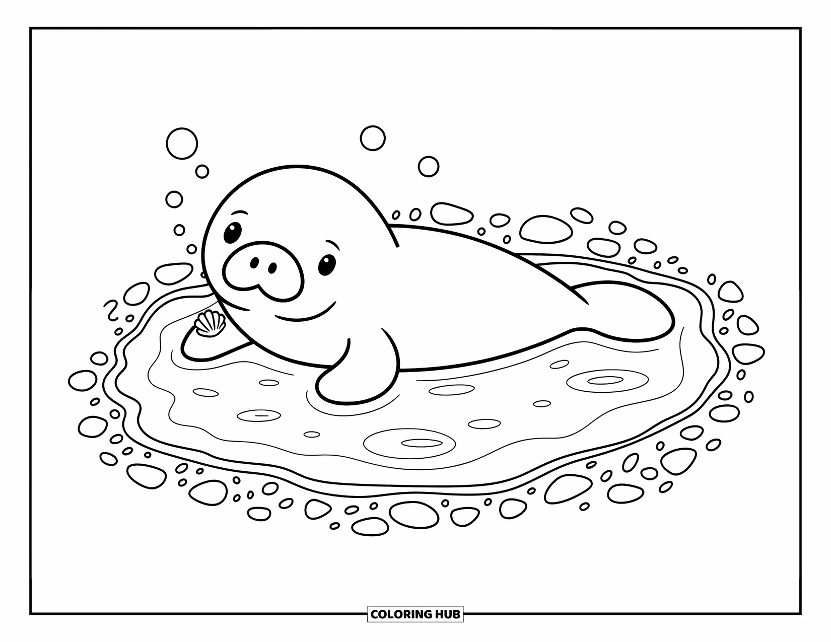 Manatee Coloring Page for Adults: Manatee chills in a rocky pool with a shell balanced on its nose