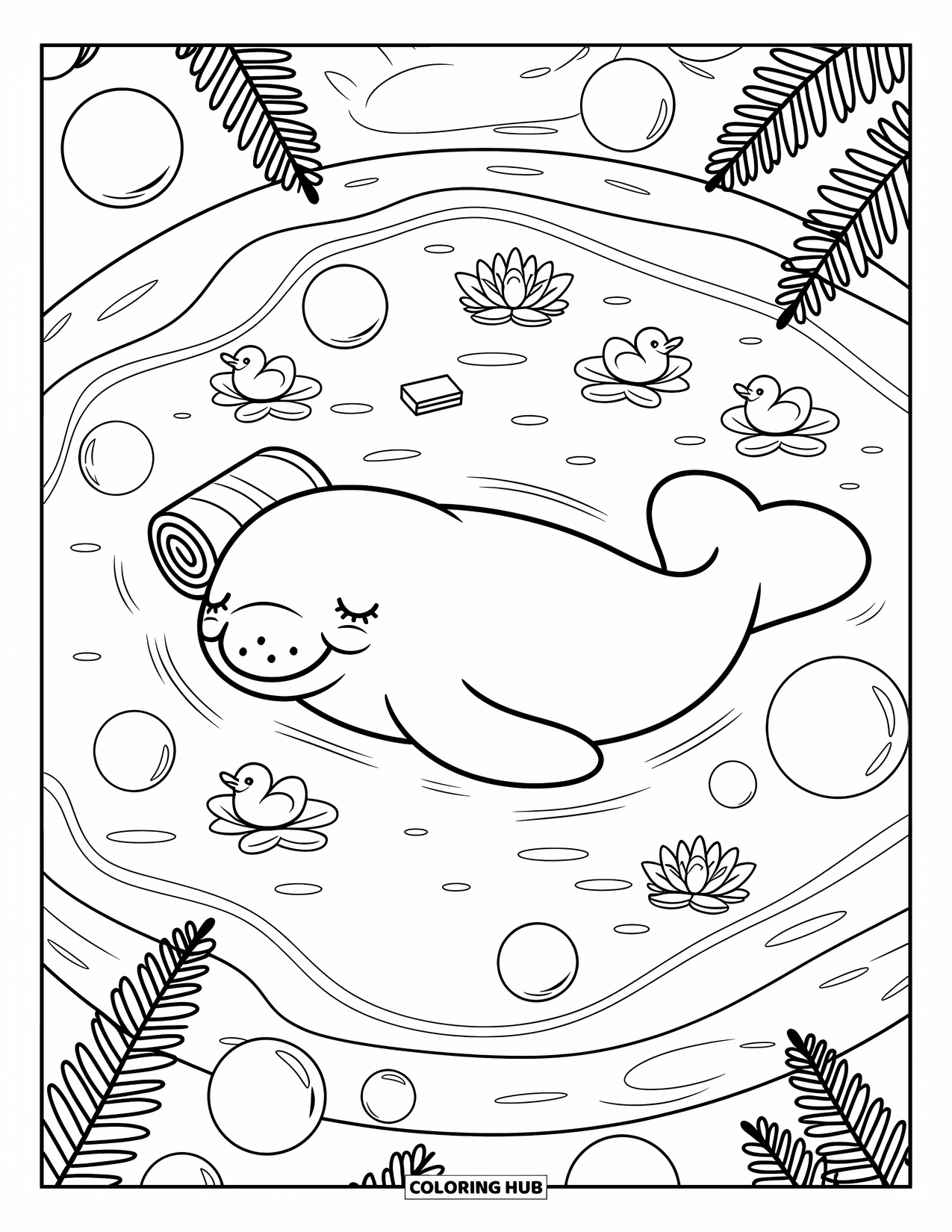 Manatee Coloring Page for Adults: Manatee enjoys a bubble bath with a towel and duckies